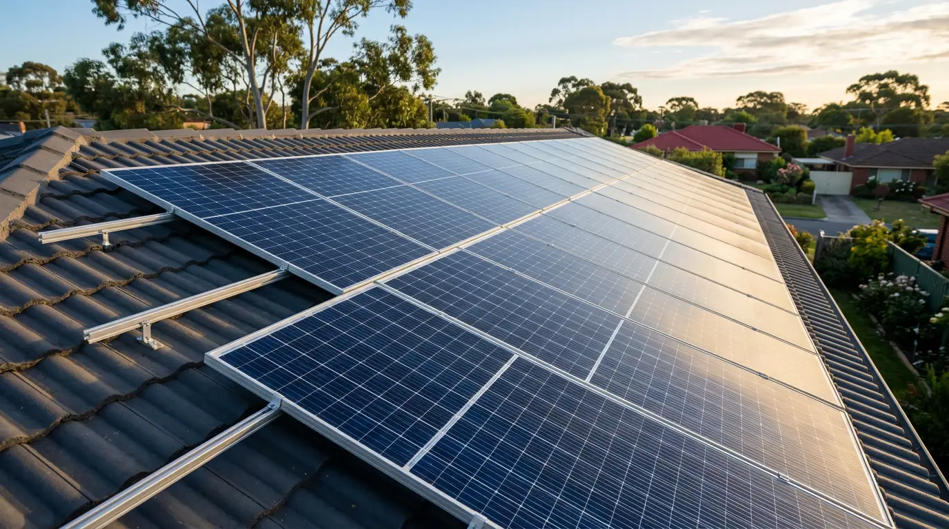 A rooftop solar panel array on an Australian suburban home